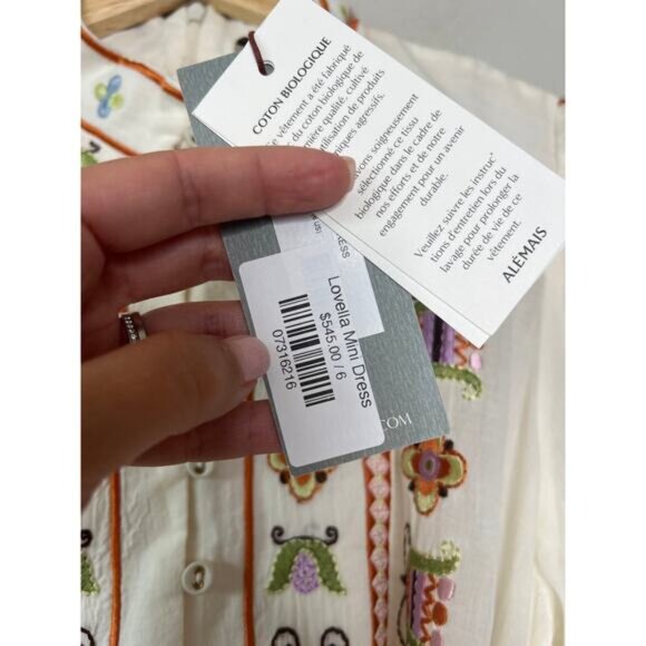 NWT Alemais Lovella Embroidered Cotton Blouson Sleeves White Tie Mini Dress - Picture 7 of 9
